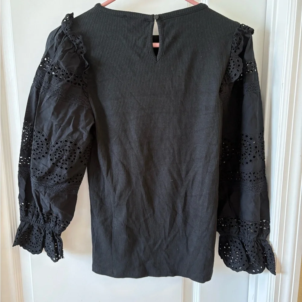 J.Crew Black Ribbed Knit Top Eyelet Puff Sleeves Size S Style BT680